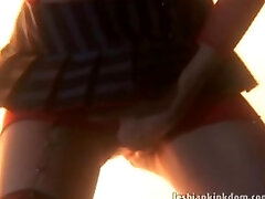 Stockinged lesbian hotty vibrating wet pussy
