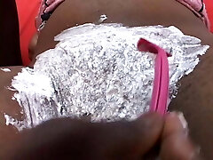 Nice fun bags black bitch sucking and fucking a black dong after pussy shaving