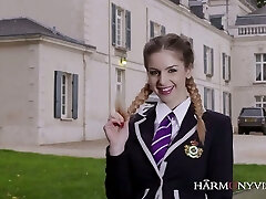 Just spoiled coed girl in uniform Stella Cox fucks with two strong tutors