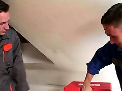 Busty blonde granny pleases two repairmen Busty blonde granny pleases two repairmen