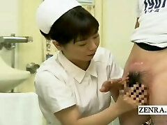 Subtitled Japanese doctor nurse handjob with cum shot