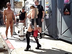 Busty mature exhibitionist with kneading in public