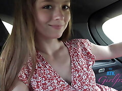 Car sex and naughty ride with Mira Monroe fledgling in back seat blowjob filmed Point Of View