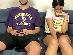 Step Sister Saw Step Brothers Big Dick Thru Shorts And Couldn't Resist! Mutual Handjob Orgasm
