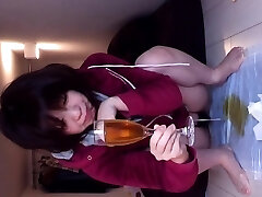 Peeing asian crams glass