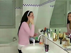 German Step-Sister Caught in Bathroom and Helps with Hand-job
