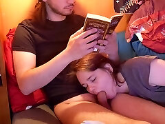 My boyfriend loves to read a book while I keep his penis in my gullet.