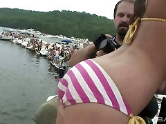 Party hard bathing suit whore is ready to flash her melons and nice shaved pussy