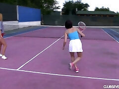 Big boobs super-bitch engages her tennis opponent in a super-hot lesbian act