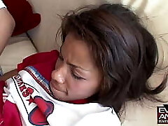 EVASIVE ANGLES This chocolate dude get his dick wedged tightly into the fuckholes of this fresh lil' college girl who can'_t wait to eat all the jizm off the head of this dude'_s cock.