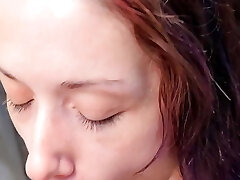 Huge Pineapple stunner swallows load she drains from my massive cock outside on the porch in daylight and doesn't care