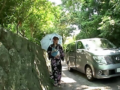 Kimono girl in a van sucks penis and gets plaything fucked