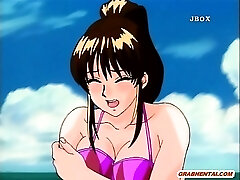 Bigboobs anime porn gets massage in the beach