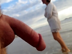 Public swelling CFNM beach tryst between lady and male exhibitionist