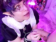 Lovable femboy maid gives a blowjob without happy ending
