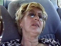 Mature Pauline fingers her old puss in a car and gets fucked