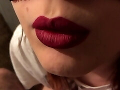 Teen red lipstick closeup oral pleasure, cum on tongue and swallow