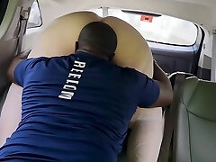 A curvy MILF enjoys public sex with a black boy right in the car.