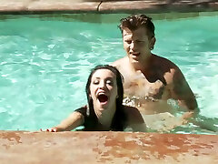 One thirsting stud is gonna pound 2 dumpy raven haired chicks in pool