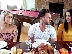 Smallish titted, blonde honey is getting boned during a family lunch and eating pussy along the way