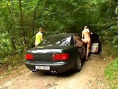 Kinky cougar enjoys golden shower and gets fucked hard outdoors