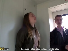 Russian brunette ultra-cutie seduces a man in the electric train
