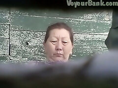 Wooly pussy of a mature Chinese lady in the public toilet room