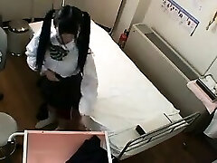 Cute Asian schoolgirl with pigtails has a doctor frigging 