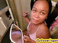 #Im in Pigtails Asian on toilet & loves immense cock & swallowing jism