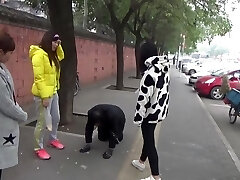 The slave was ridden outdoor and kneel down on the road while smacked