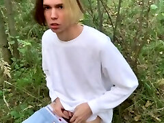 cute russian boy masturbating in a public woods and pee outdoors