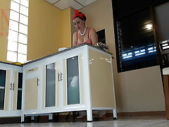 Naturist housekeeper Regina Noir cooking at the kitchen. Naked maid makes dumplings. Naked cooks. bra 3