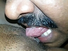 Nasty mustached buddy eats his wife's Indian pussy well