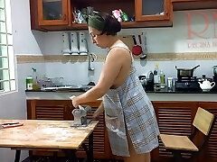 Ravioli Time! Naked Cooking. Regina Noir, a naturist cook at nudist hotel resort. Nude maid. Bare housewife. Teaser