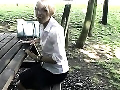 Blonde hirsute granny outdoor ass-fuck