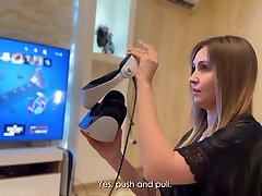 Tricky son pokes his naive stepmom while she is in virtual reality