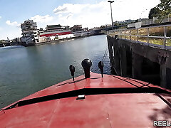 An Italian with an athletic bod cheats on her boyfriend and gets fucked publicly on a boat in ass fucking by Two strangers !!