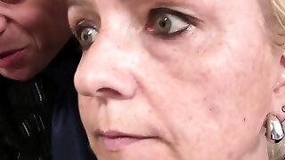 Old blonde granny takes two cocks for work