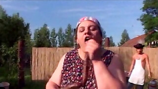 Mature fat farm dame gets her pussy pounded outdoors