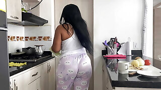 MILF stepmom likes making breakfast and fucking her big cock stepson.