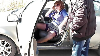 No panties in public. Public nudity. Wonderful platinum-blonde MILF drives car without panties under skirt. Bare in public. Big natural tits