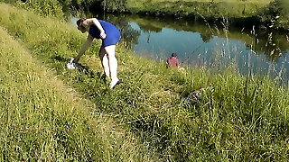 Wild beach. Fantastic Milf Platinum naked sunbathing on river bank, random fisherman guy watches. Naked in public. Nude beach