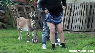 Mature platinum-blonde granny pounded outdoors after doing her chores