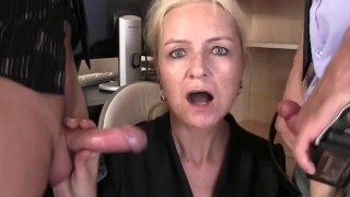 Skinny blonde granny swallows two cocks for work