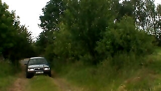 Two buddy share elder mature woman outdoors