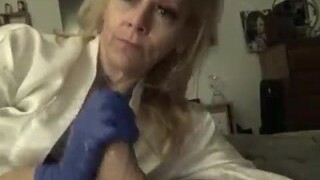 1st TIME MOM JERKS SON OFF W/ LATEX Mittens & OIL BLOW JOB Swallow