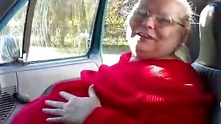 Filthy BBW grandmother of my wife shows off her flabby juggs in car