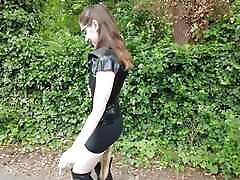 Outdoor latex walk with small candid tits butt plug