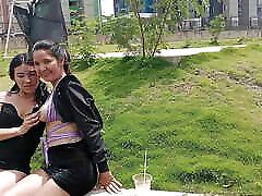 couple of stepsisters meet in the park outdoors and get horny until they have lesbian pissi drink like with each other
