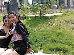 couple of stepsisters find themselves horny in an pregnant aral park and decide to have lesbian sex